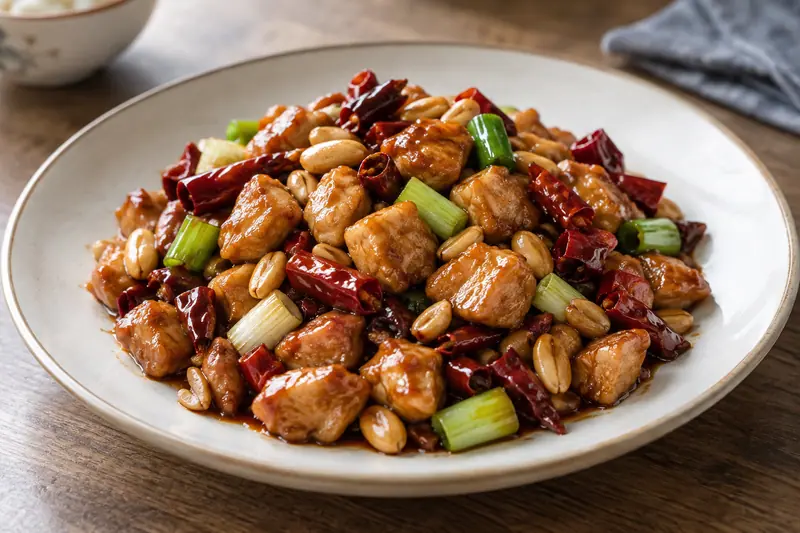 AI illustration: Kung pao chicken: small evenly cut chicken cubes, roasted peanuts.