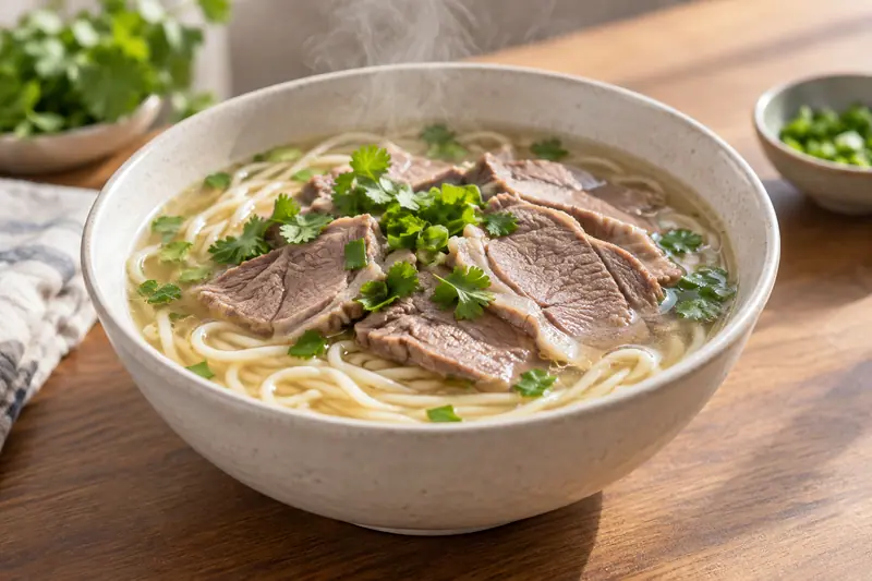 AI illustration: Wheat noodles in light lamb broth with sliced lamb, chopped herbs and gentle steam.