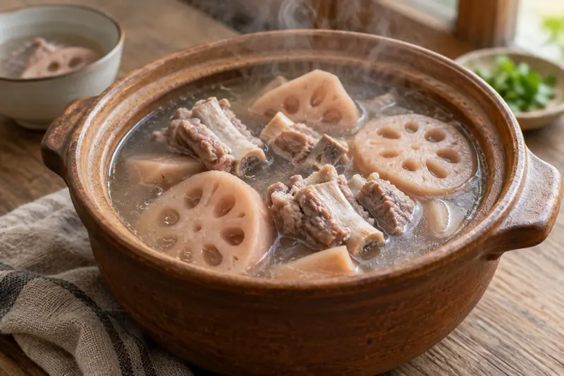 AI illustration: A rustic clay pot of lotus-root and pork-rib soup.