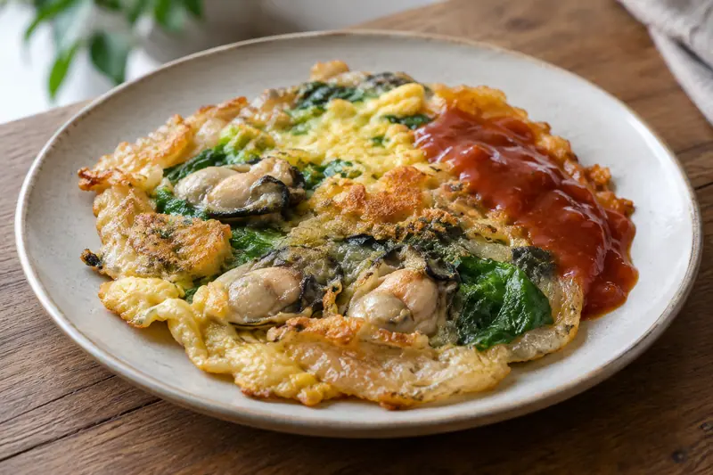 AI illustration: A Taiwanese oyster omelette on a simple plate.