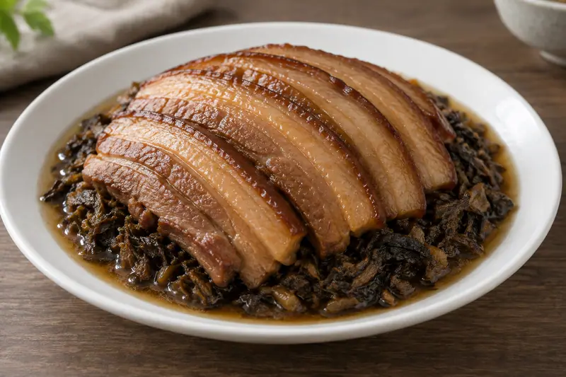AI illustration: Mei cai kou rou: overlapping slices of steamed pork belly forming a neat domed fan.
