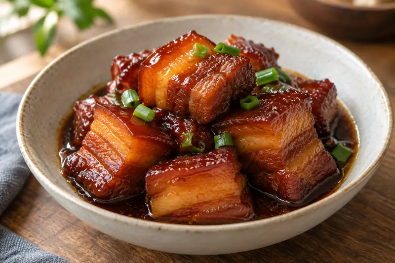 AI illustration: A natural close-up food photograph of red-braised pork belly cubes in a small ceramic serving bowl.