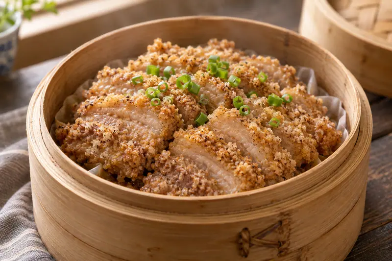 AI illustration: A natural close-up food photograph of Chinese rice-flour-steamed pork slices in a small bamboo steamer.