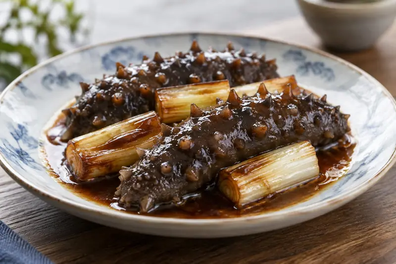 AI illustration: A natural close-up food photograph of braised sea cucumbers and thick browned scallion segments.