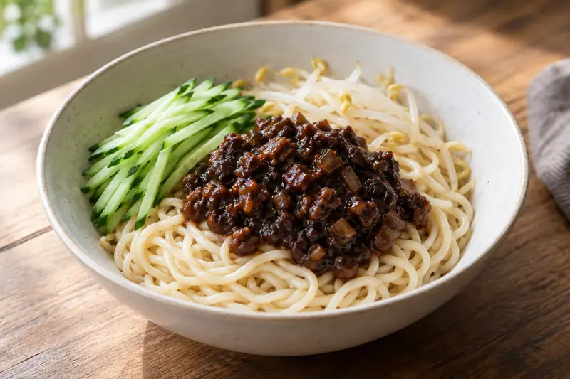AI illustration: Wheat noodles with a small mound of dark fried soybean-and-meat sauce.