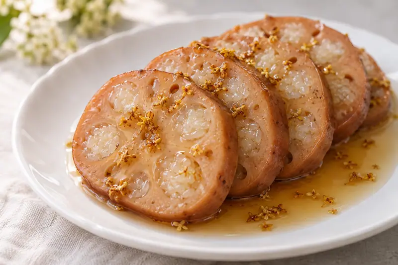 AI illustration: A natural close-up food photograph of sweet sticky-rice-stuffed lotus root cut into round slices.