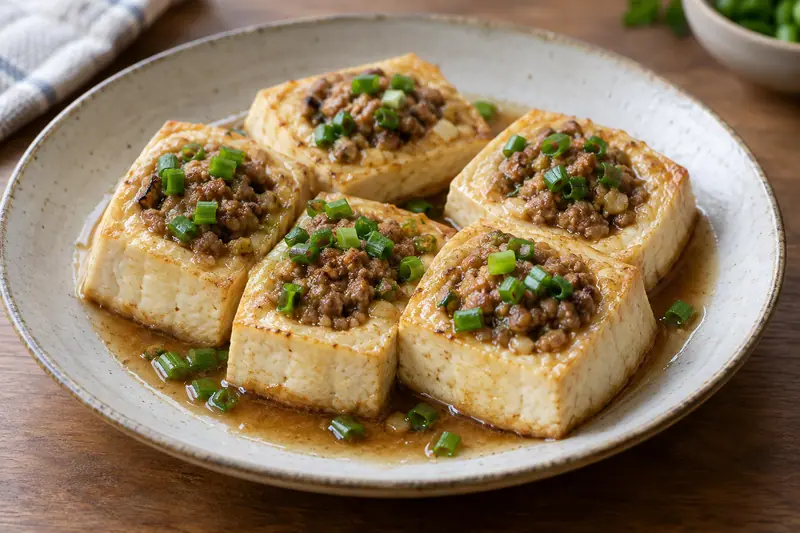 AI illustration: Hakka-style stuffed tofu: thick pale tofu blocks each.