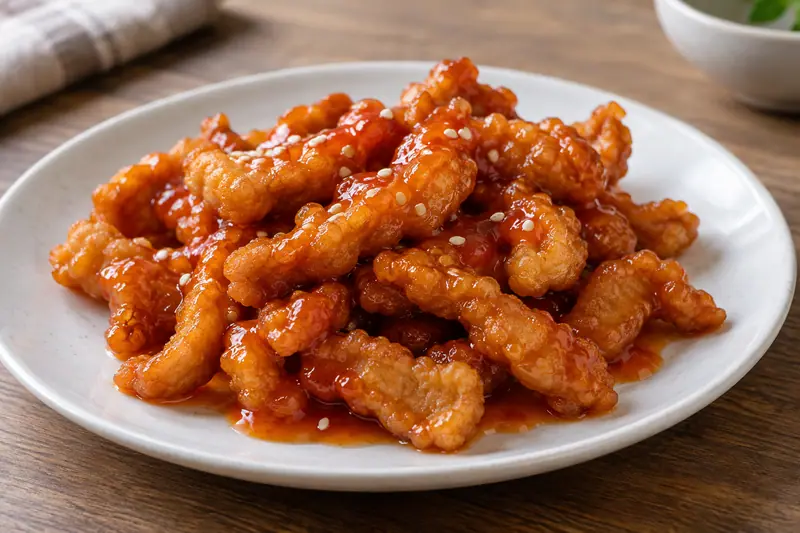 AI illustration: Crisp battered pork strips coated in glossy orange-red sweet-and-sour sauce.