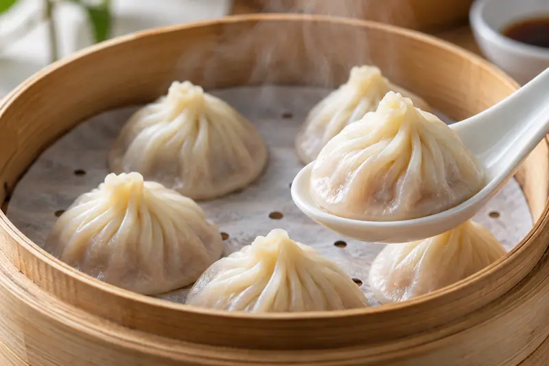 AI illustration: A natural close-up food photograph of several freshly steamed xiaolongbao in a bamboo steamer.