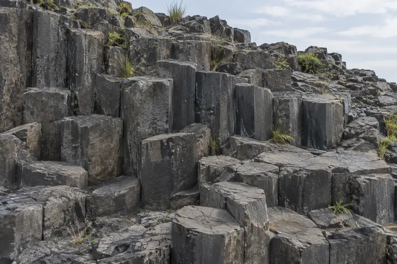 AI illustration: Dark grey basalt columns with polygonal joints, uneven tops and small grasses growing between the rocks.