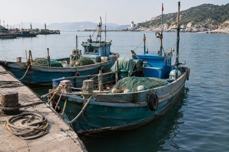 AI illustration: A medium close view of a few ordinary small working fishing boats moored.