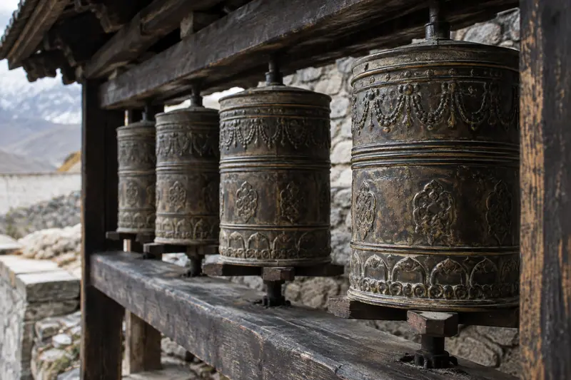 AI illustration: A short row of aged bronze Tibetan Buddhist prayer wheels beneath a dark wooden shelter.