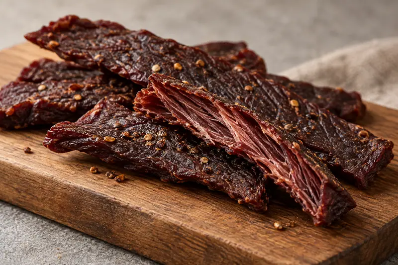 AI illustration: Dried beef strips with visible meat fibers.