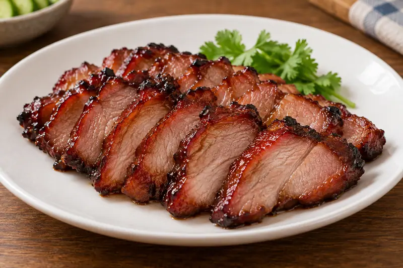 AI illustration: Sliced char siu pork with glossy reddish-brown edges.