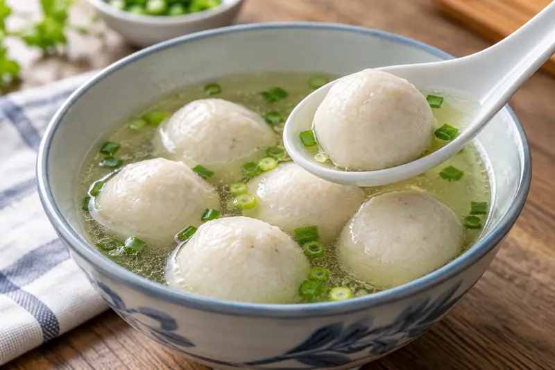 AI illustration: Pale fish balls served in clear broth.