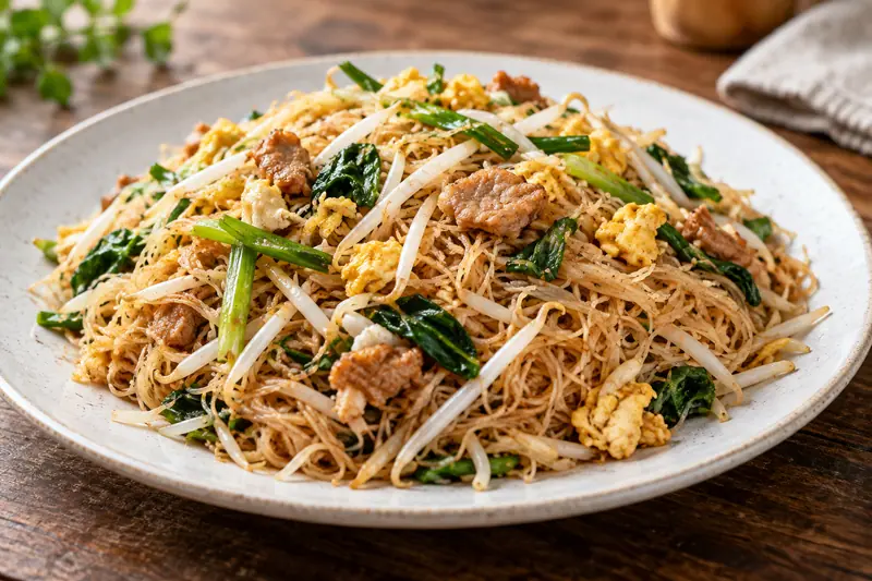 AI illustration: Stir-fried rice noodles with vegetables and egg.