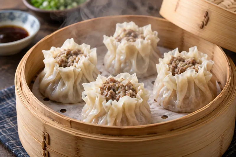 AI illustration: Open-topped lamb shaomai with delicate frilled wrappers.