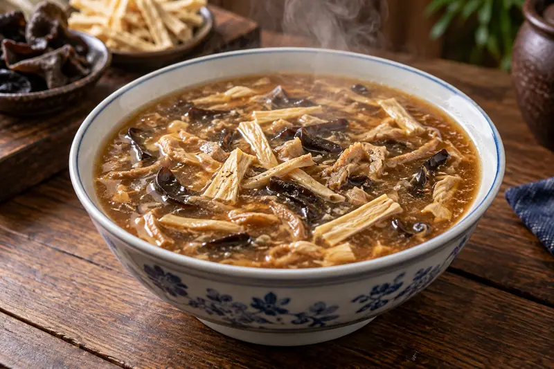 AI illustration: A bowl of thick pepper soup with gluten and vegetables.