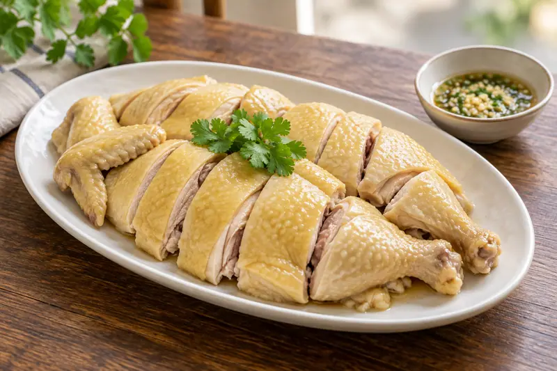 AI illustration: Poached chicken pieces on a white platter.