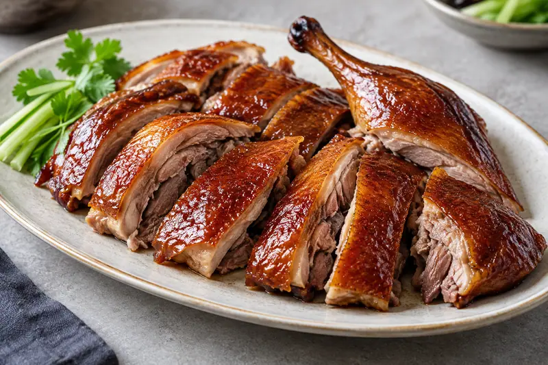 AI illustration: Carved roast duck with crisp mahogany skin.