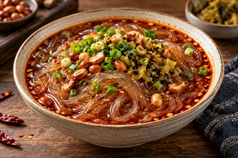 AI illustration: Translucent glass noodles in sour-and-spicy red broth.