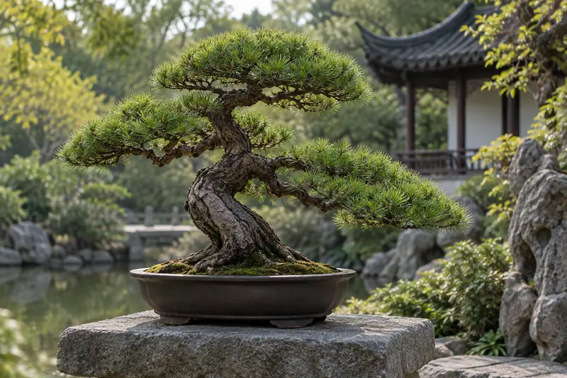 AI illustration: A penjing tree in a shallow pot (general reference, not this place).