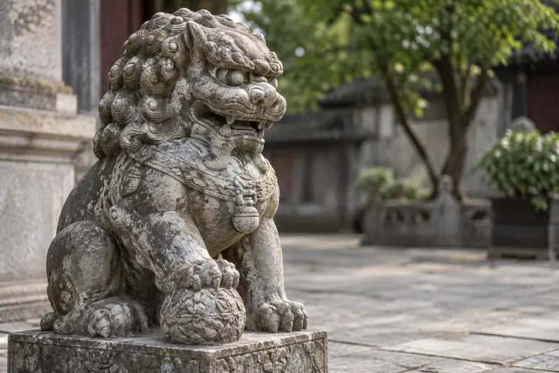 AI illustration: Weathered carving on a Chinese stone lion (general reference, not this place).