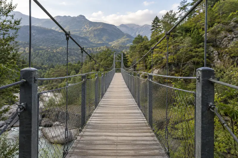 AI illustration: Cables and deck of a pedestrian suspension bridge (general reference, not this place).