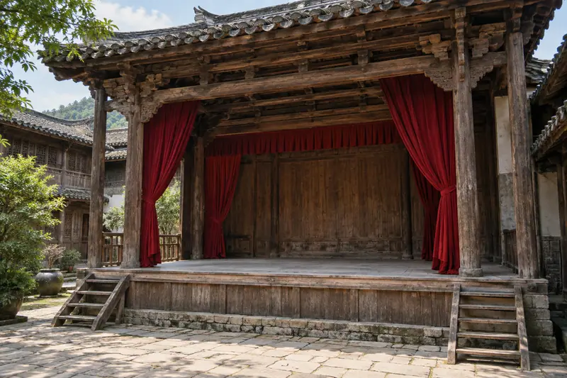 AI illustration: An empty traditional courtyard opera stage (general reference, not this place).