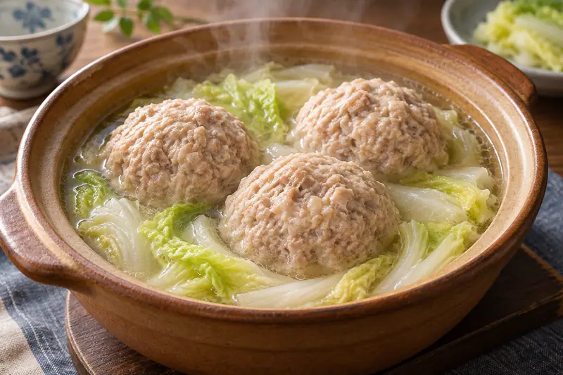 AI illustration: Large tender pork meatballs with cabbage in light broth.