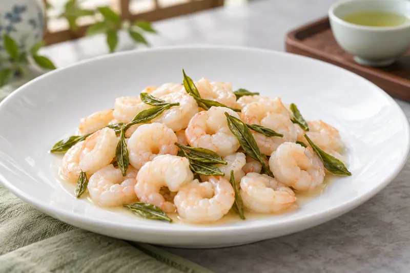 AI illustration: Peeled shrimp with delicate green tea leaves.