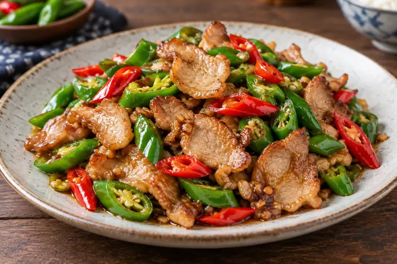 AI illustration: Thin pork slices stir-fried with fresh peppers.