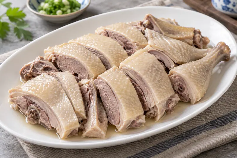 AI illustration: Pale salted-duck pieces on an oval platter.