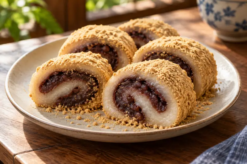 AI illustration: Soybean-dusted sticky-grain rolls with sweet bean filling