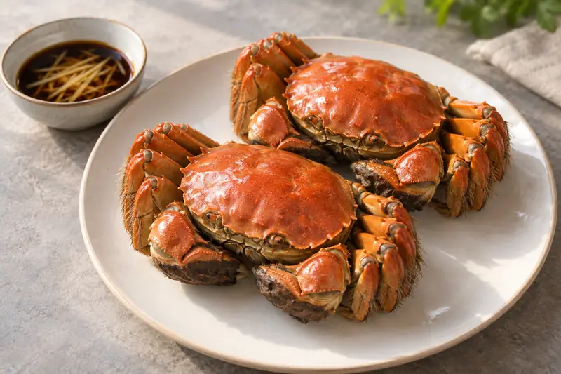 AI illustration: Whole steamed mitten crabs with a ginger-vinegar dip.