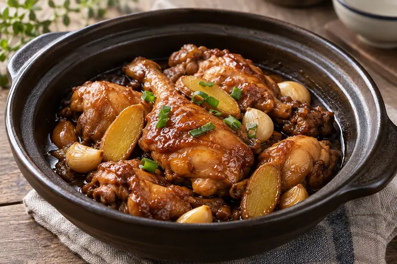 AI illustration: Glazed three-cup chicken with ginger and garlic.