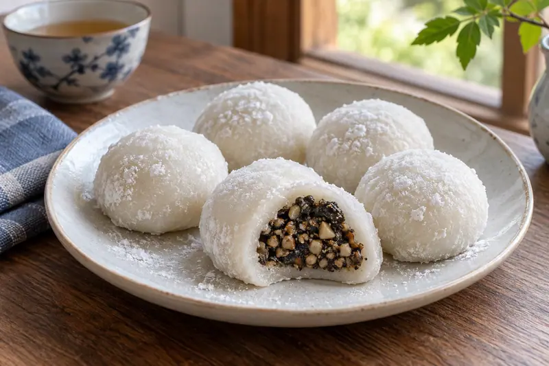 AI illustration: White sticky rice sweets with a nut and sesame filling