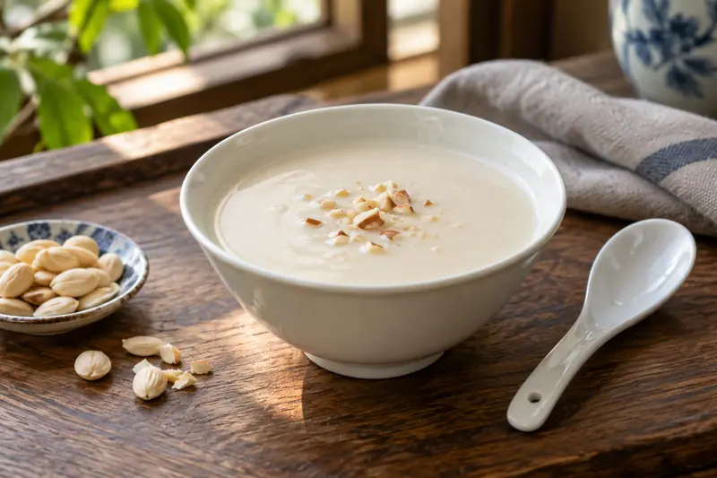 AI illustration: Smooth almond-kernel sweet drink in a bowl