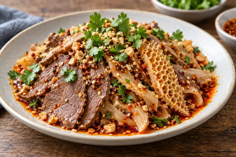 AI illustration: Cold beef and tripe slices dressed with chilli oil and crushed nuts.