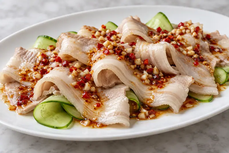 AI illustration: Thin poached pork-belly slices with minced garlic and chilli dressing.
