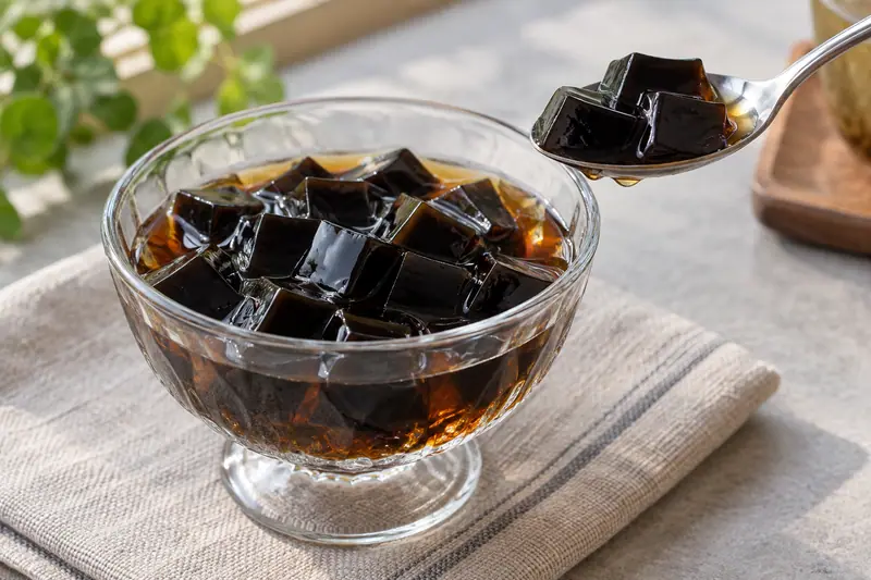 AI illustration: Mesona grass jelly cubes in sweet syrup