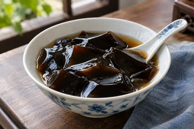 AI illustration: Dark herbal guilinggao jelly with syrup