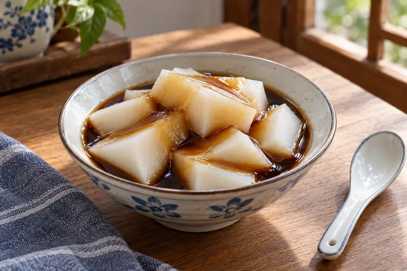 AI illustration: Chilled white rice cake with brown sugar syrup