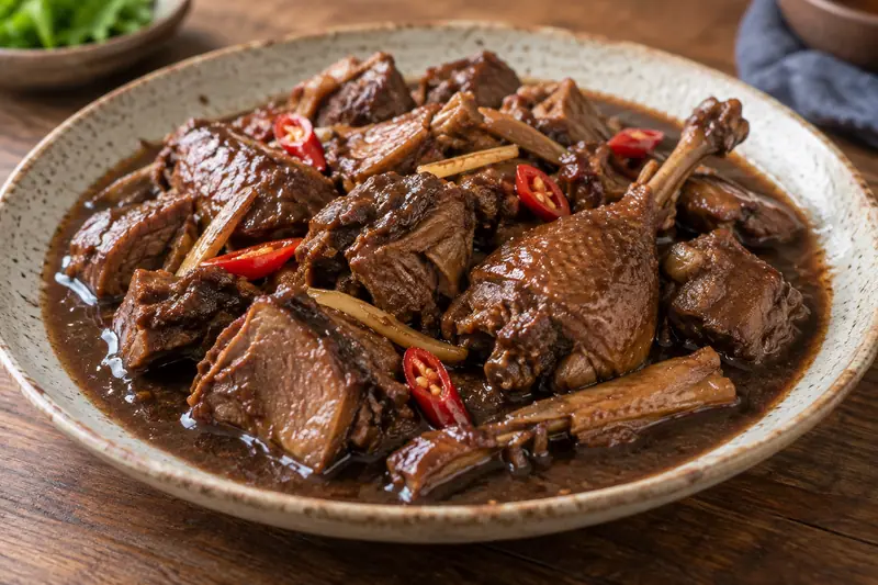 AI illustration: Chopped cooked duck coated in a thick dark savory sauce.