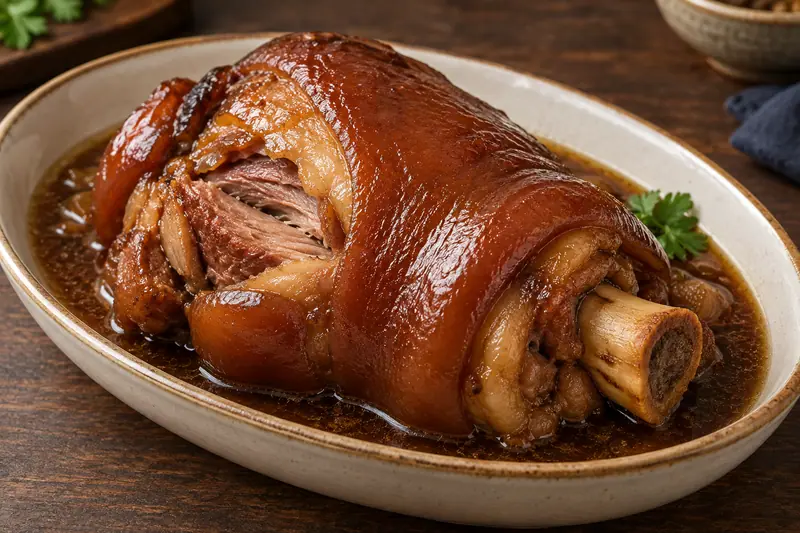 AI illustration: A whole tender pork hock in glossy brown braising sauce.