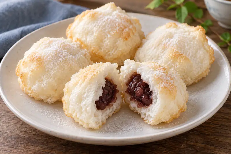 AI illustration: Puffed egg-white fritters filled with sweet bean paste