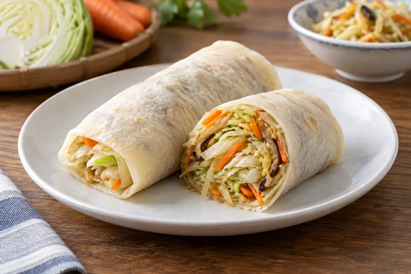 AI illustration: Soft wheat-wrapper runbing filled with cooked vegetables
