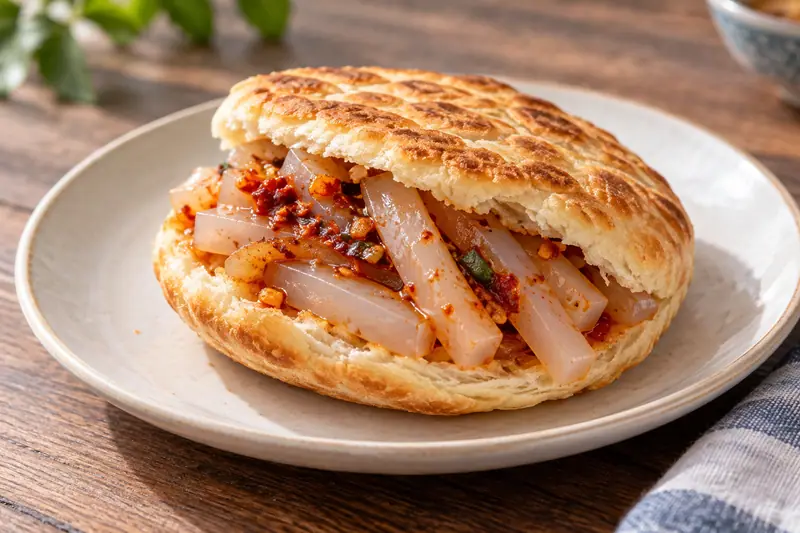 AI illustration: A flatbread pocket filled with dressed starch jelly