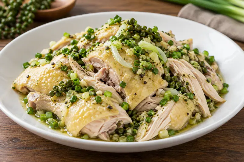 AI illustration: Cooked chicken with scallions and peppercorn dressing.