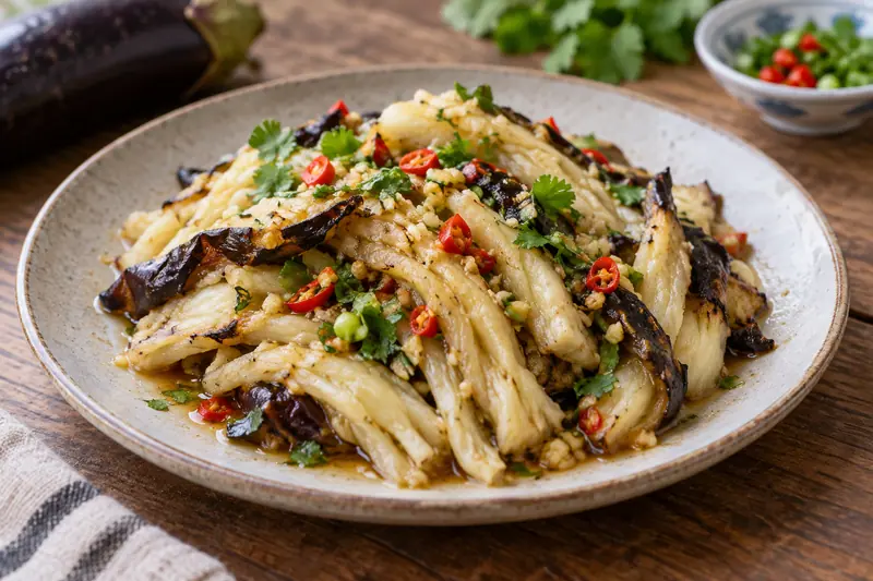AI illustration: Fire-roasted eggplant strips with a light savoury dressing